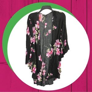 Torrid Black/ Pink & Green Floral Open Long Cardigan Duster Wm 00/0 (10/12)